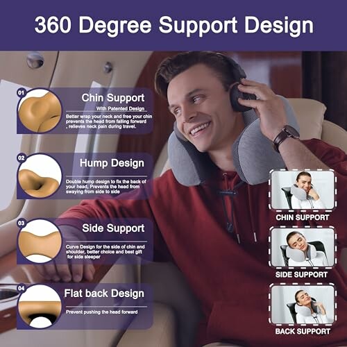 Man using a neck pillow with 360-degree support design