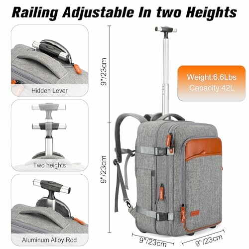 Convertible backpack with adjustable railing and hidden lever.