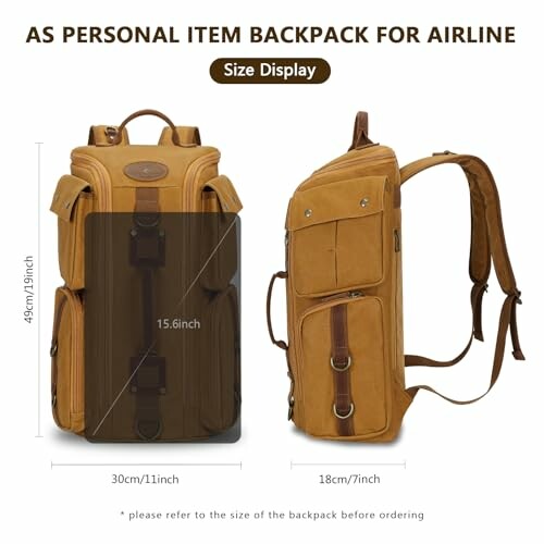 Backpack size display for airline personal item