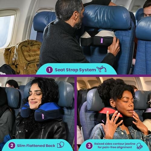 Passengers using neck pillows with seat strap system on an airplane.