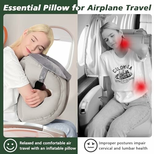 Woman using inflatable travel pillow on airplane, highlighting comfort and posture benefits.