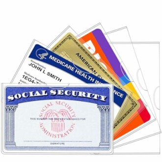 Assorted identification cards including Social Security and Medicare.