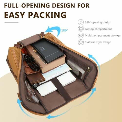 Backpack with full-opening design showing organized compartments for easy packing.