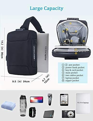 Black backpack with large capacity, featuring pen, power bank, key, card, phone, tablet, laptop, and zipper pockets.