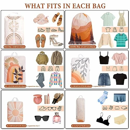 Comparison of what fits in different bag sizes with clothing and accessories.