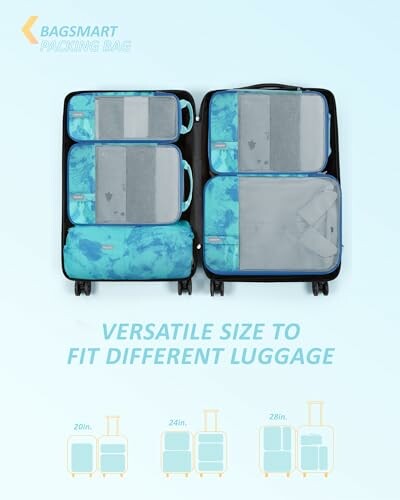 Open suitcase with Bagsmart packing bags in various sizes.