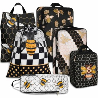 Set of bee-themed bags with various patterns