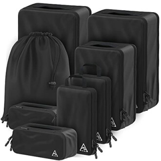 Set of black travel packing cubes and organizers in various sizes.