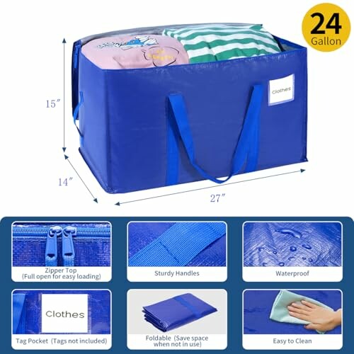 Blue storage bag with zipper top, sturdy handles, and waterproof material.