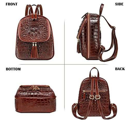 Brown leather backpack shown from front, side, bottom, and back views.