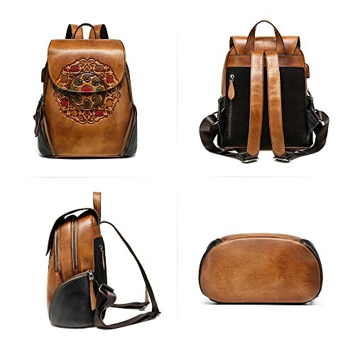 Brown leather backpack with floral embroidery and multiple angles.