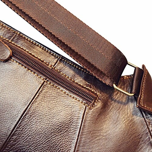 Closeup of a brown leather bag with a zipper and strap