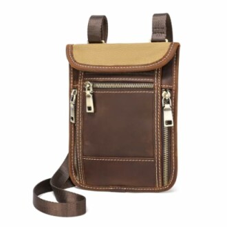 Brown leather crossbody bag with zippers