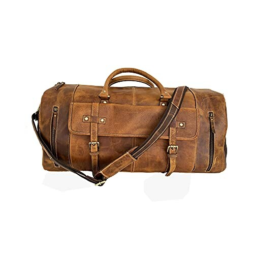 Brown leather duffel bag with handles and shoulder strap