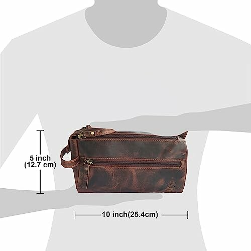 Brown leather toiletry bag with dimensions shown.