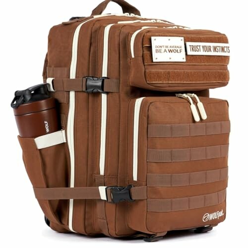 Brown tactical backpack with multiple compartments and a water bottle.