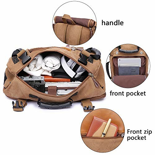 Canvas duffel bag showing various compartments and items.