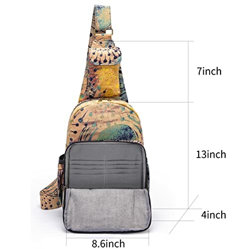 Colorful canvas sling crossbody bag with dimensions.