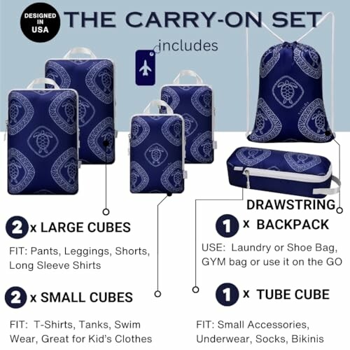 Carry-on set with packing cubes, drawstring backpack, and tube cube.