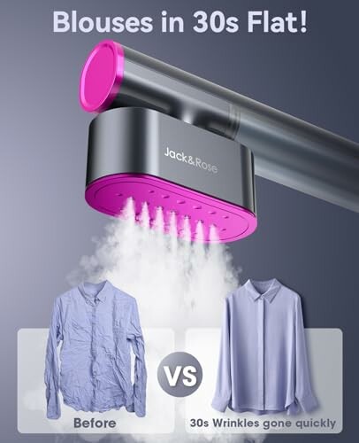 Clothes steamer showing before and after wrinkle removal on blouses.