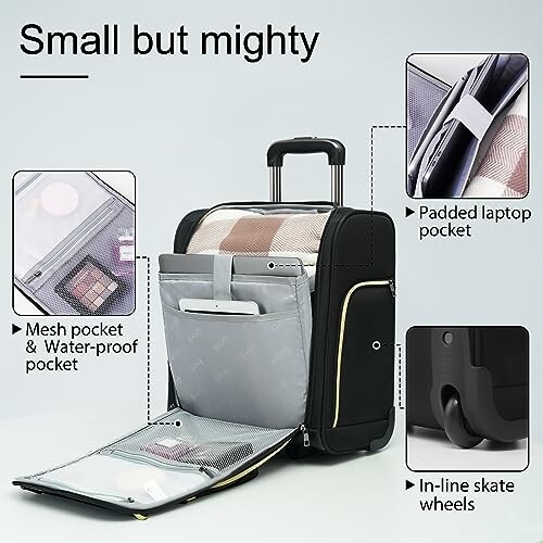 Compact carry-on luggage with padded laptop pocket, mesh pocket, waterproof pocket, and in-line skate wheels.