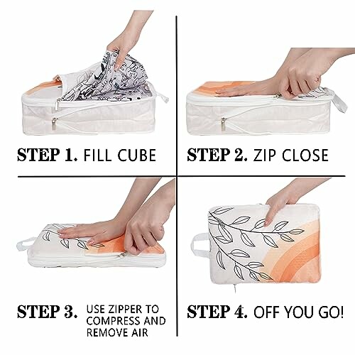 Steps for using a compression packing cube: fill cube, zip close, compress, and ready to go.