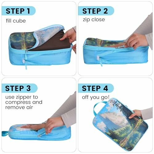 Four steps showing how to use a compression packing cube.