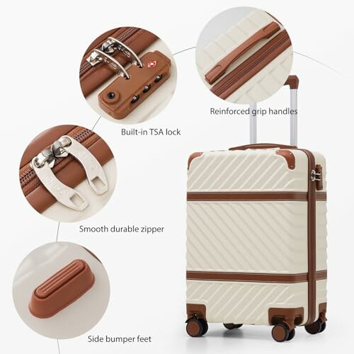 Cream and brown hardshell suitcase with TSA lock, grip handles, smooth zipper, and bumper feet.