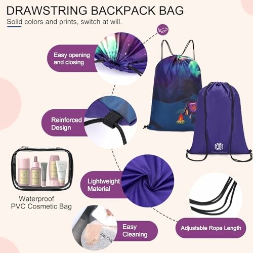 Purple drawstring backpack bag with features like easy opening and waterproof cosmetic bag.