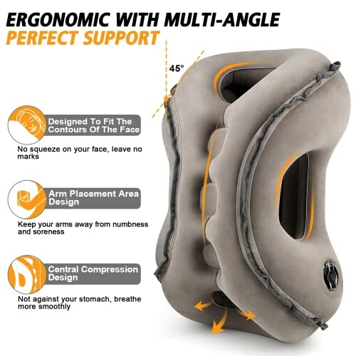 Ergonomic multi-angle travel pillow with arm support and central compression design.