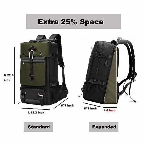 Expandable travel backpack with extra 25% space in standard and expanded views.