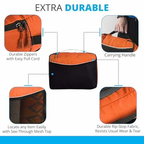 Travel bag with durable zippers, carrying handle, mesh top, and rip-stop fabric.