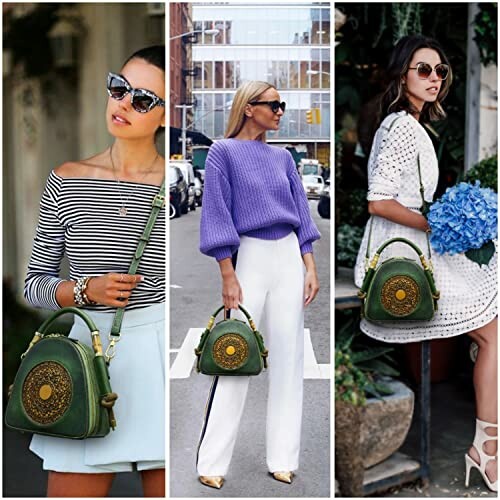 Three women showcasing stylish outfits with green handbags.