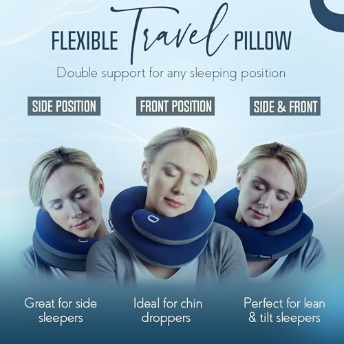 Flexible travel pillow with double support for any sleeping position, featuring side, front, and side & front positions.