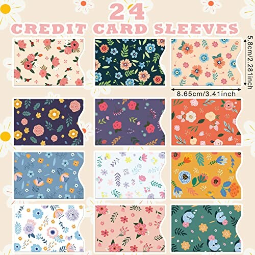 Set of 24 floral credit card sleeves with various colorful patterns.