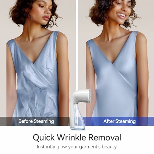 Comparison of a wrinkled dress before steaming and a smooth dress after steaming with a garment steamer.