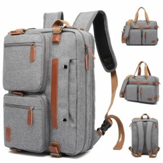 Gray multi-pocket backpack with leather accents displayed from various angles.