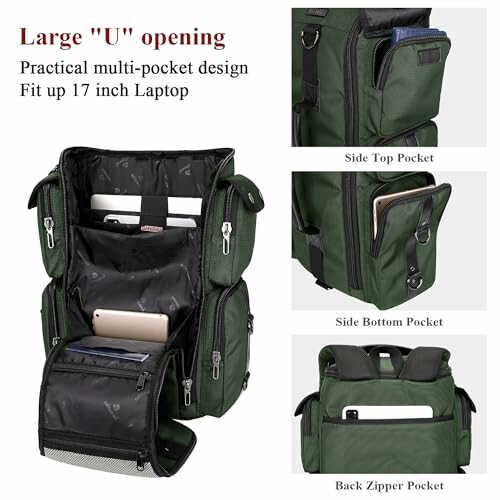 Green backpack with large U opening and multiple pockets for laptop and accessories.