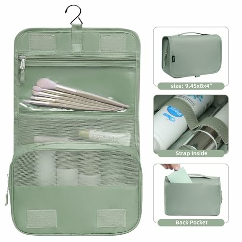 Green hanging toiletry bag with compartments for brushes, bottles, and accessories.