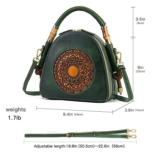 Green leather crossbody bag with mandala design and adjustable strap.