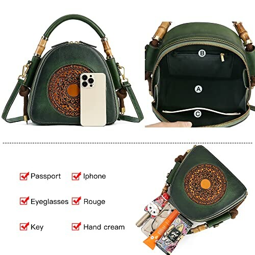 Green leather handbag with compartments and items like phone and cosmetics.