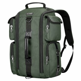 Green travel backpack with multiple compartments and zippers