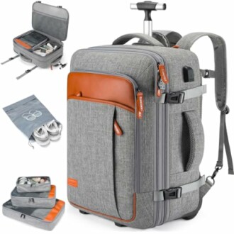 Grey travel backpack with shoe compartment and accessories