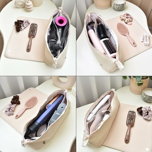 Collage of four images showing a bag with various hair styling tools and accessories.