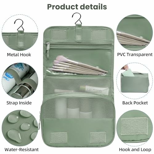 Green hanging toiletry bag with compartments and metal hook.