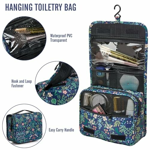 Hanging toiletry bag with multiple compartments and floral design