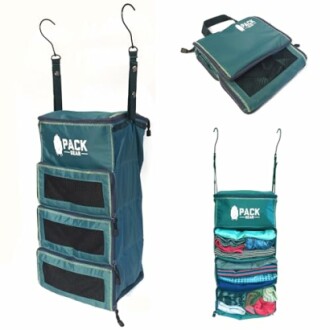 Hanging travel organizer with multiple compartments for clothes.