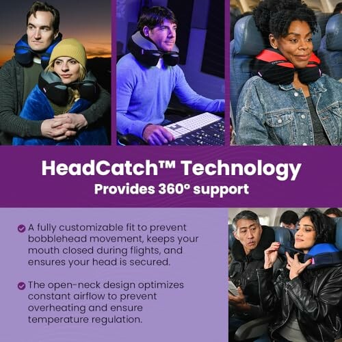 Collage showing people using HeadCatch travel pillows for neck support in various settings.