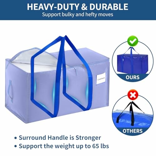 Heavy-duty blue storage bag with strong surround handle, compared to a weaker alternative.