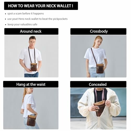 Different ways to wear a neck wallet: around neck, crossbody, hang at waist, concealed.